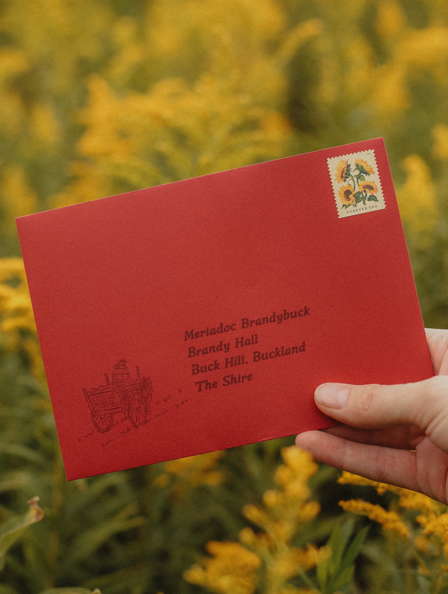 A hand holds a red letter against a blurred background of yellow goldenrod. The letter has a small postage stamp in the top right corner and printed text reading 'Meridoc Brandybuck Brandy Hall Buck Hill, Buckland The Shire' along with a small illustration of Gandalf in his cart.