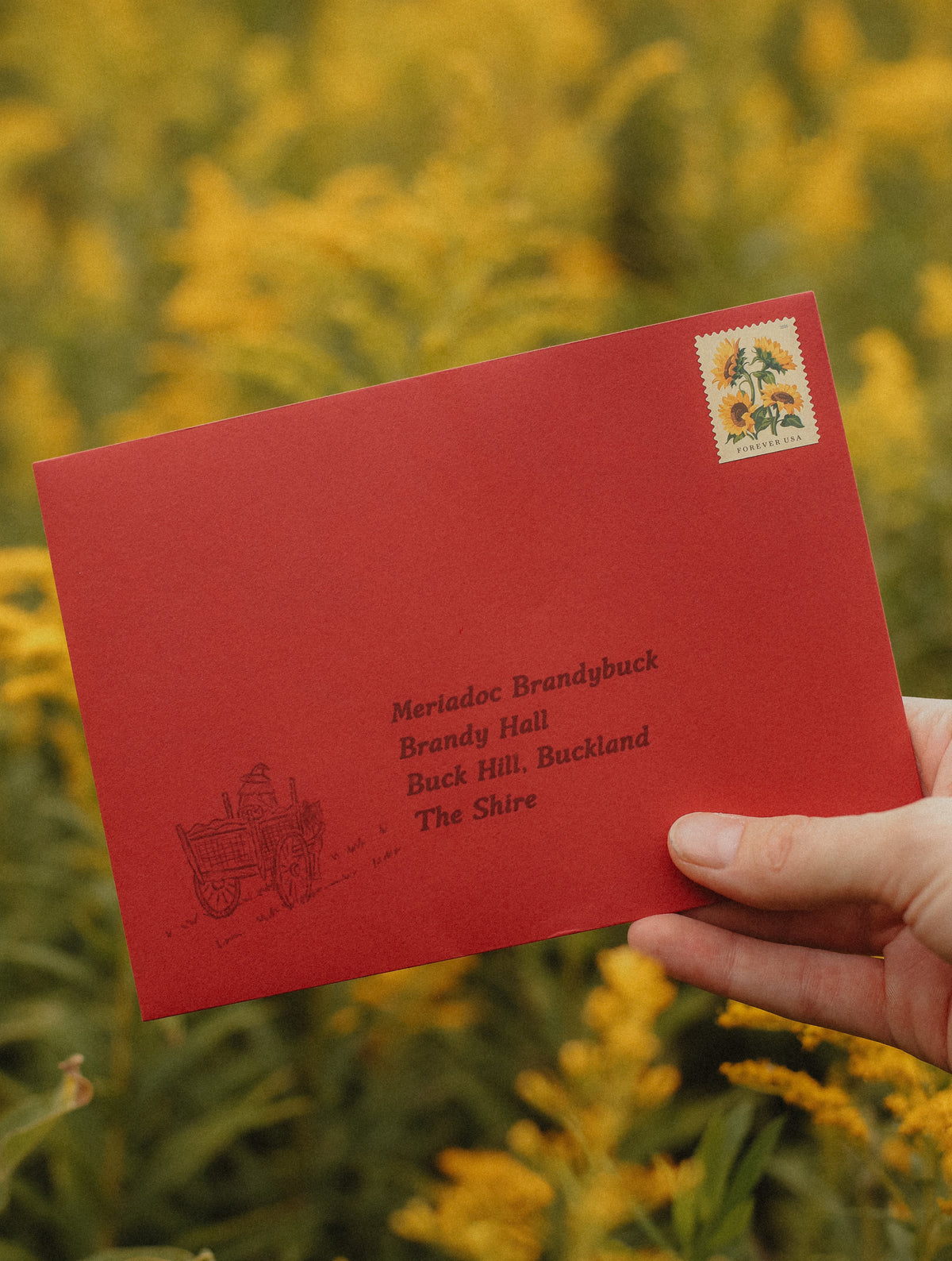 A hand holds a red letter against a blurred background of yellow goldenrod. The letter has a small postage stamp in the top right corner and printed text reading 'Meridoc Brandybuck Brandy Hall Buck Hill, Buckland The Shire' along with a small illustration of Gandalf in his cart.
