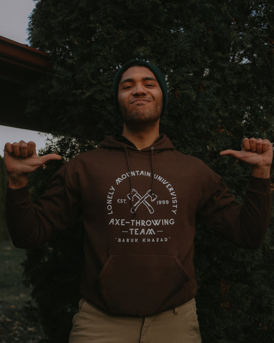 (PRE-ORDER) lonely mountain university axe-throwing hoodie